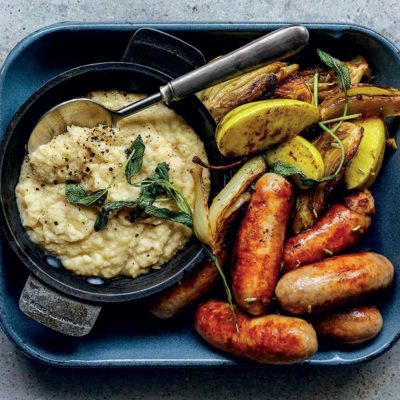 Pork sausages with fennel and butter bean apple mash