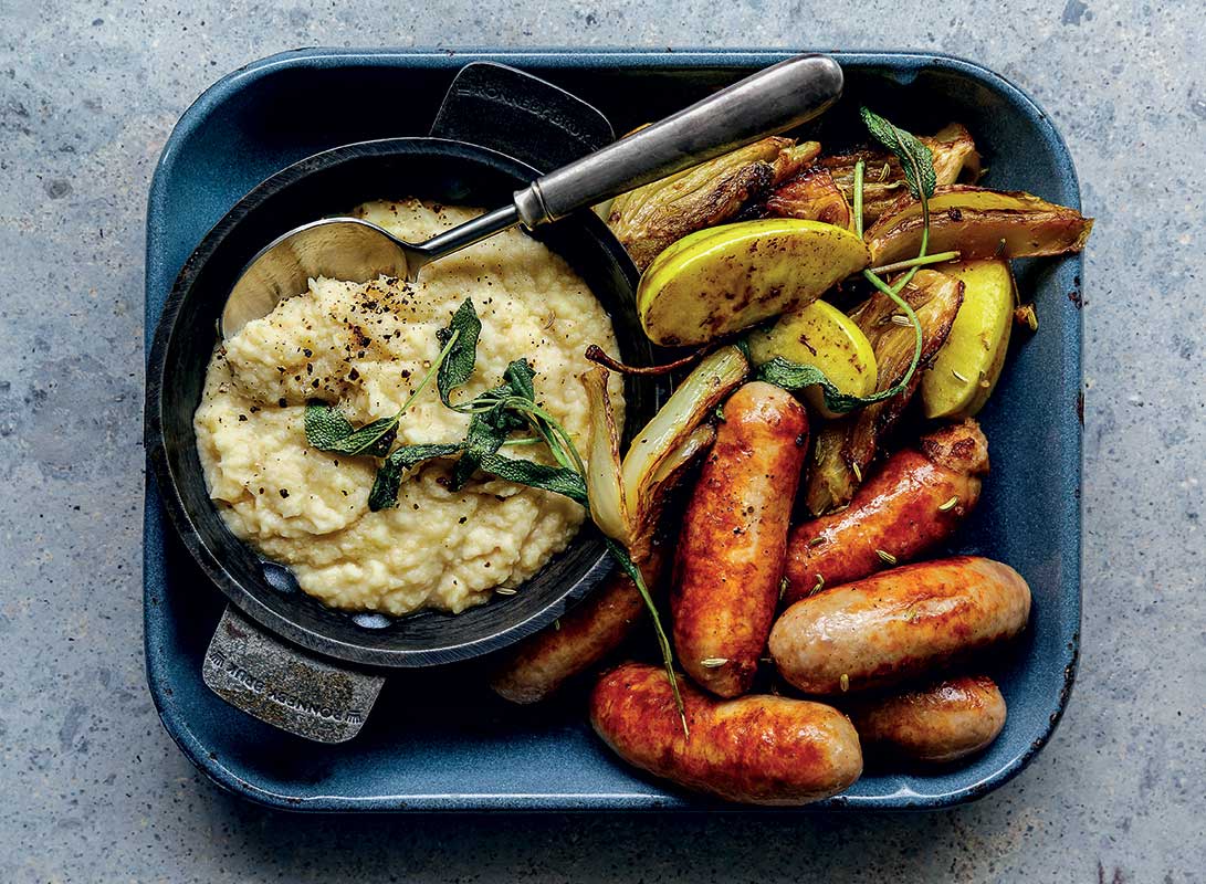 pork sausages with fennel and butter bean apple mash