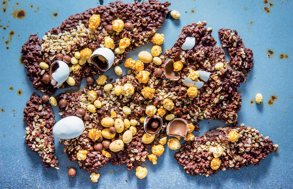 This chocolate bark is loaded with Chuckles and Speckled Eggs
