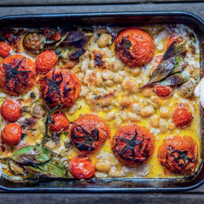 Tomato and anchovies roasted in garlicky cream