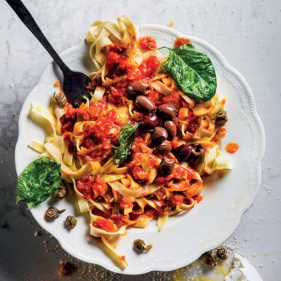 Tagliatelle with smoky tomato sauce, olives and capers
