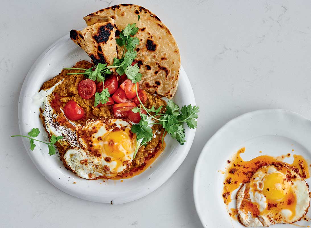 Spicy fried eggs on dhal with yoghurtsumac sauce Woolworths TASTE