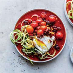Baby marrow noodles with roast pepper sauce