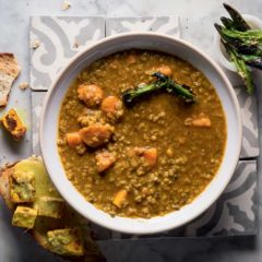Curried lentil and roast sweet potato soup with paneer naan
