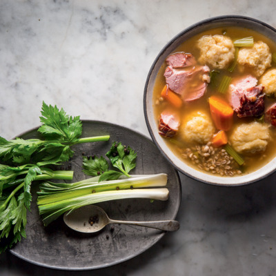 Gammon-and-barley soup with cheesy dumplings