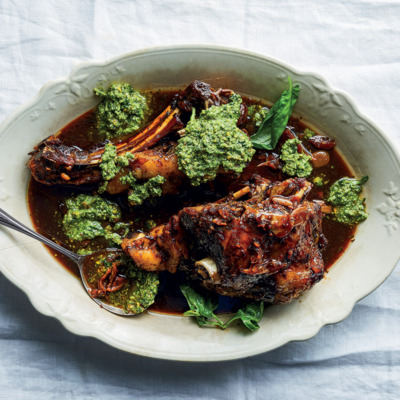 Braised lamb shoulder with basil-and-pistachio pesto