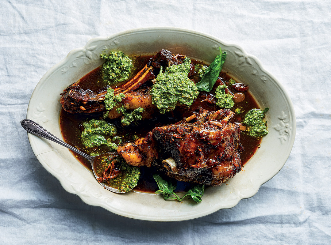 Braised lamb shoulder with basil-and-pistachio pesto