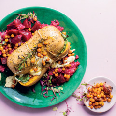 Stuffed butternut roast with beetroot quinoa and crunchy chickpeas