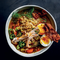 Asian-style chicken broth with brown rice and soft-boiled egg