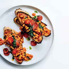 Baked beans on toast with spicy chorizo and puréed coriander
