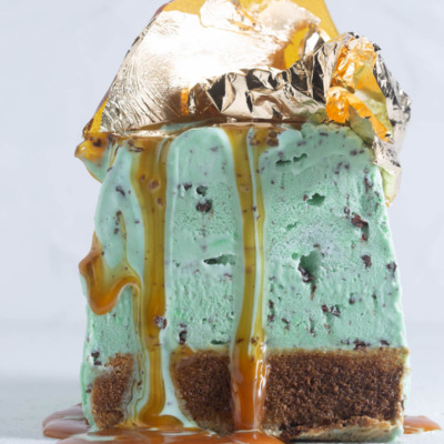 Green-and-gold tiramisu ice-cream cake with sugar shards