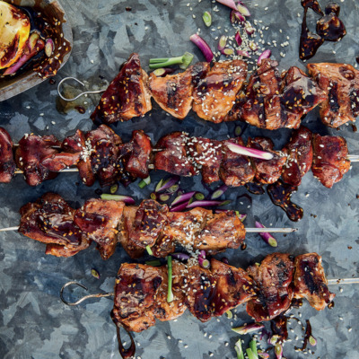 Taiwanese soya-sesame pork and chicken liver skewers