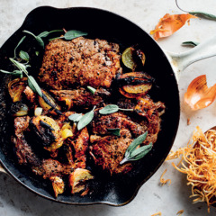 Pan-seared thick-cut steaks with toffee onions