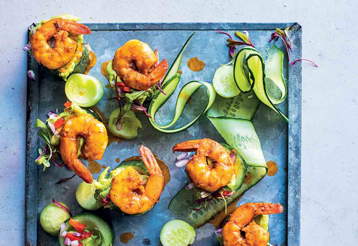 Spicy prawns and guacamole in cucumber cups recipe | TASTE