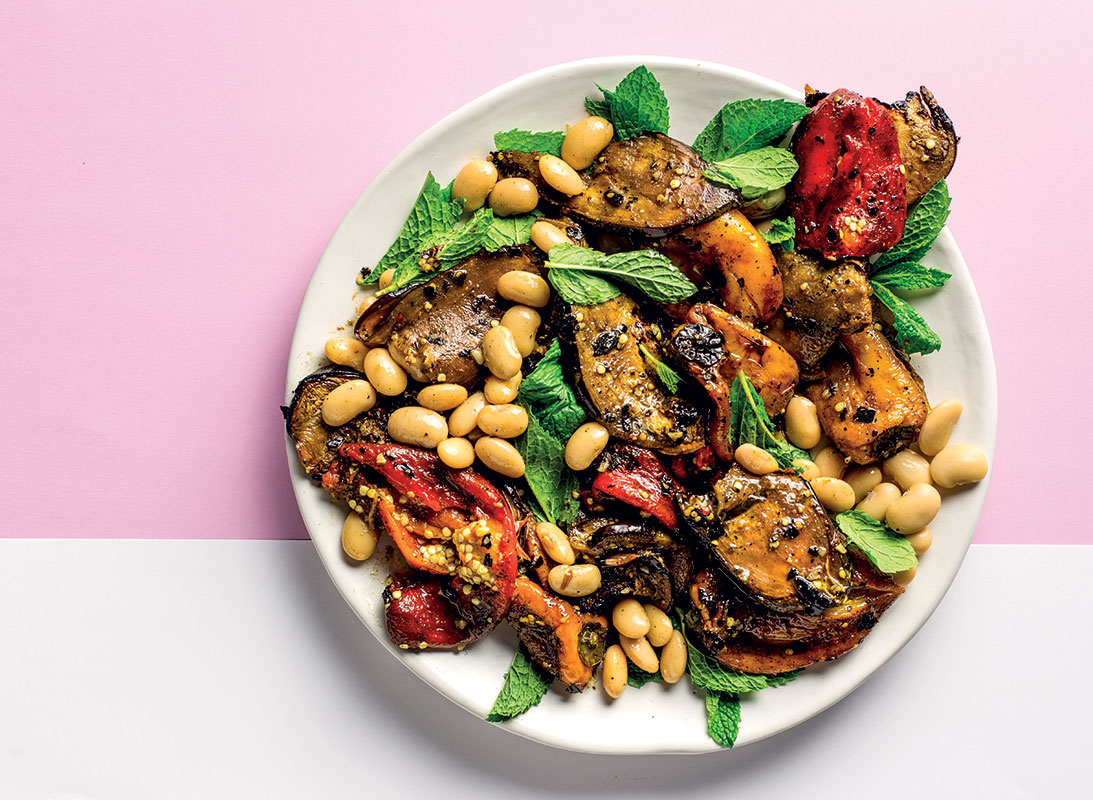Marinated charred vegetables with butter beans
