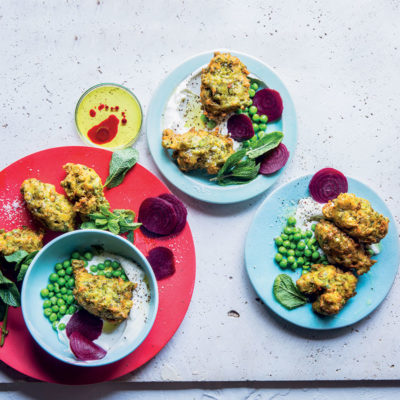 Goat’s cheese and pea fritters with beetroot