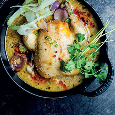 Rikku O'Donnchü's whole poached chicken in coconut, corn and coriander curry