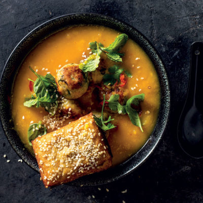 Asian butternut-and-chicken soup with prawn toast