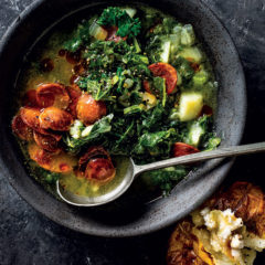 Caldo verde soup with ricotta and garlic baked potato