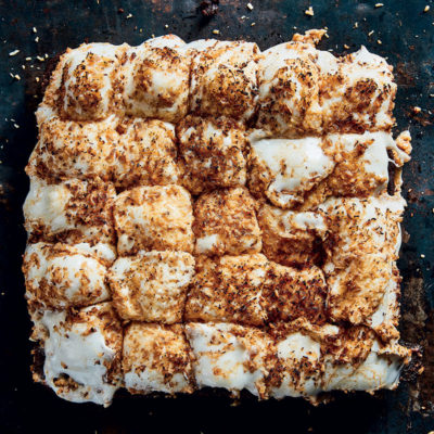 Coconut marshmallow-topped molten brownie slab