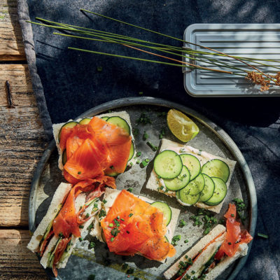 Inside-out trout-and-cucumber finger sandwiches