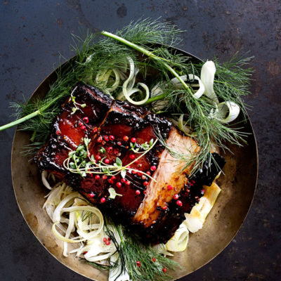 The Lazy Makoti's sticky pork belly with chickpea-and-bean salad