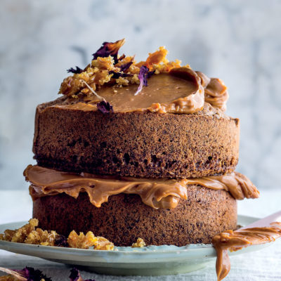 Chocolate cake with caramel and almond brittle