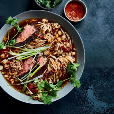 BBQ charred beef with spicy noodles