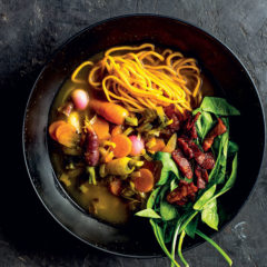 Butternut noodle and carrot soup with spinach-and-bacon salad