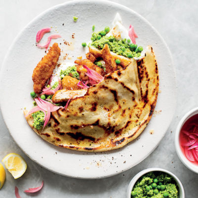Crumbed chicken and pea pesto gyros