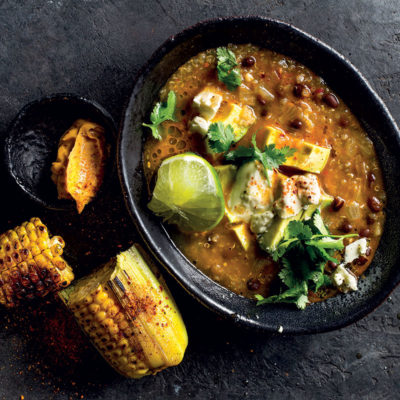Mexican black bean soup with chipotle charred corn