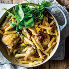 One-pan orange-and-olive rosemary chicken with penne