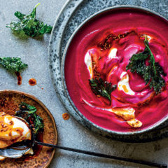 Hot pink beetroot soup with spiced yoghurt
