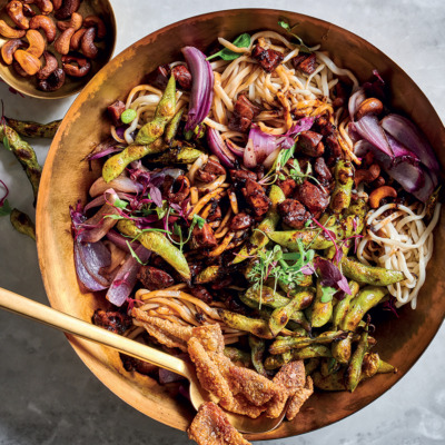 Udon noodles with sticky glazed chicken and charred edamame beans