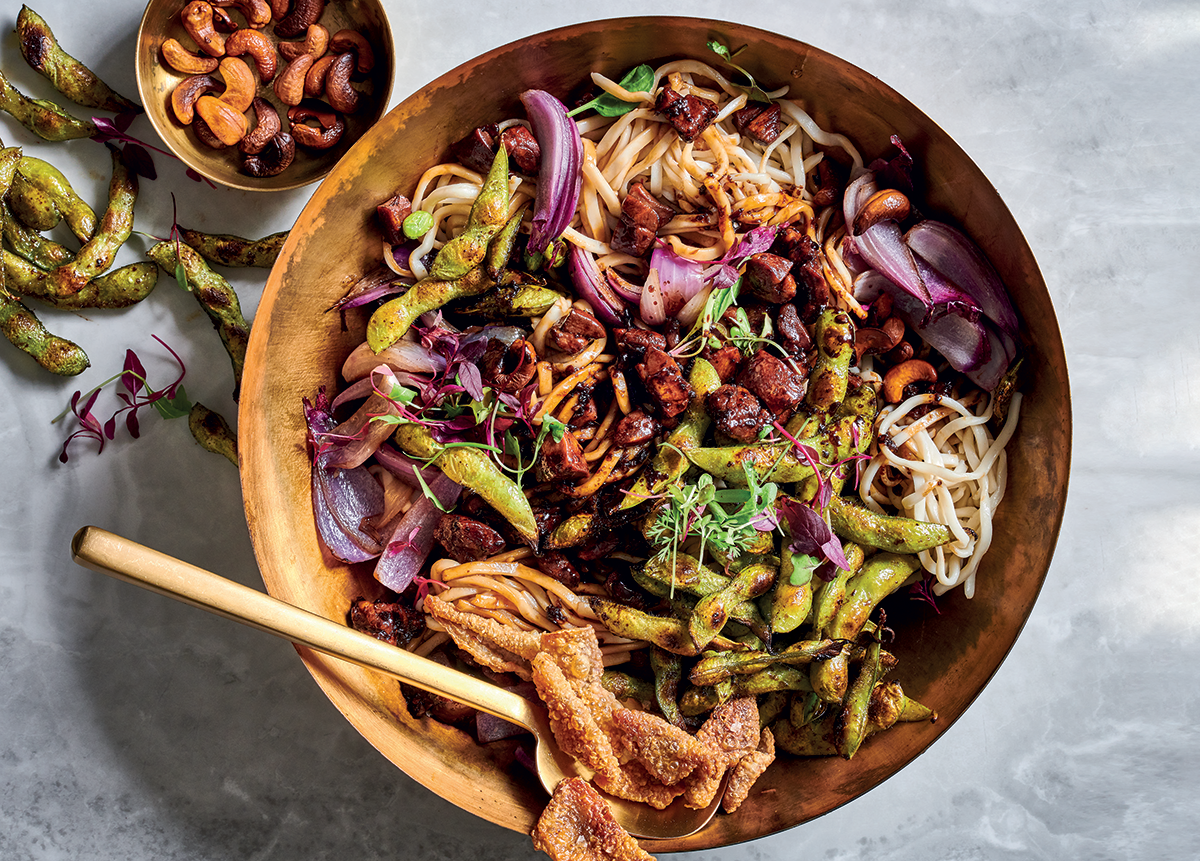 Udon noodles with sticky glazed chicken and charred edamame beans Woolworths TASTE