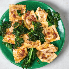 Beef ravioli with chilli, kale and anchovy