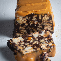 Chocolate fridge cake with peanut-butter caramel