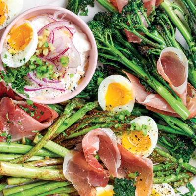 Charred broccoli and asparagus with prosciutto, tartare sauce and boiled eggs