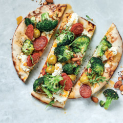 Mediterranean flatbreads with grilled broccoli, olives and chorizo