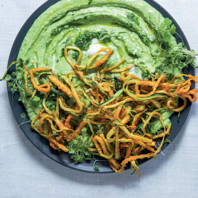 Spinach, avo and basil dip with crispy baby marrows