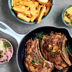 Thick-cut sirloin steaks with Hollandaise, fennel, red onion and capers