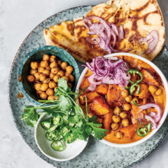 Butter chickpea and sweet-potato curry with naan