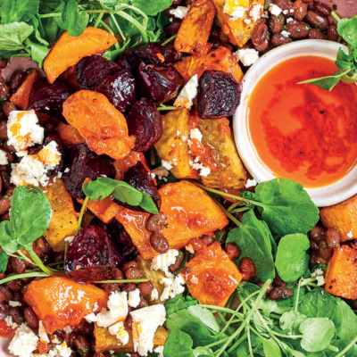 Harissa ruby vegetables with feta and black-bean salad