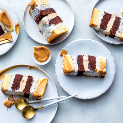Layered ice-cream cake with peppermint caramel