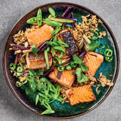 Seared trout with ginger rice and jalapeno-lime dressing