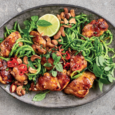 Sticky coconut chicken stir-fry with basil-miso vegetable noodles