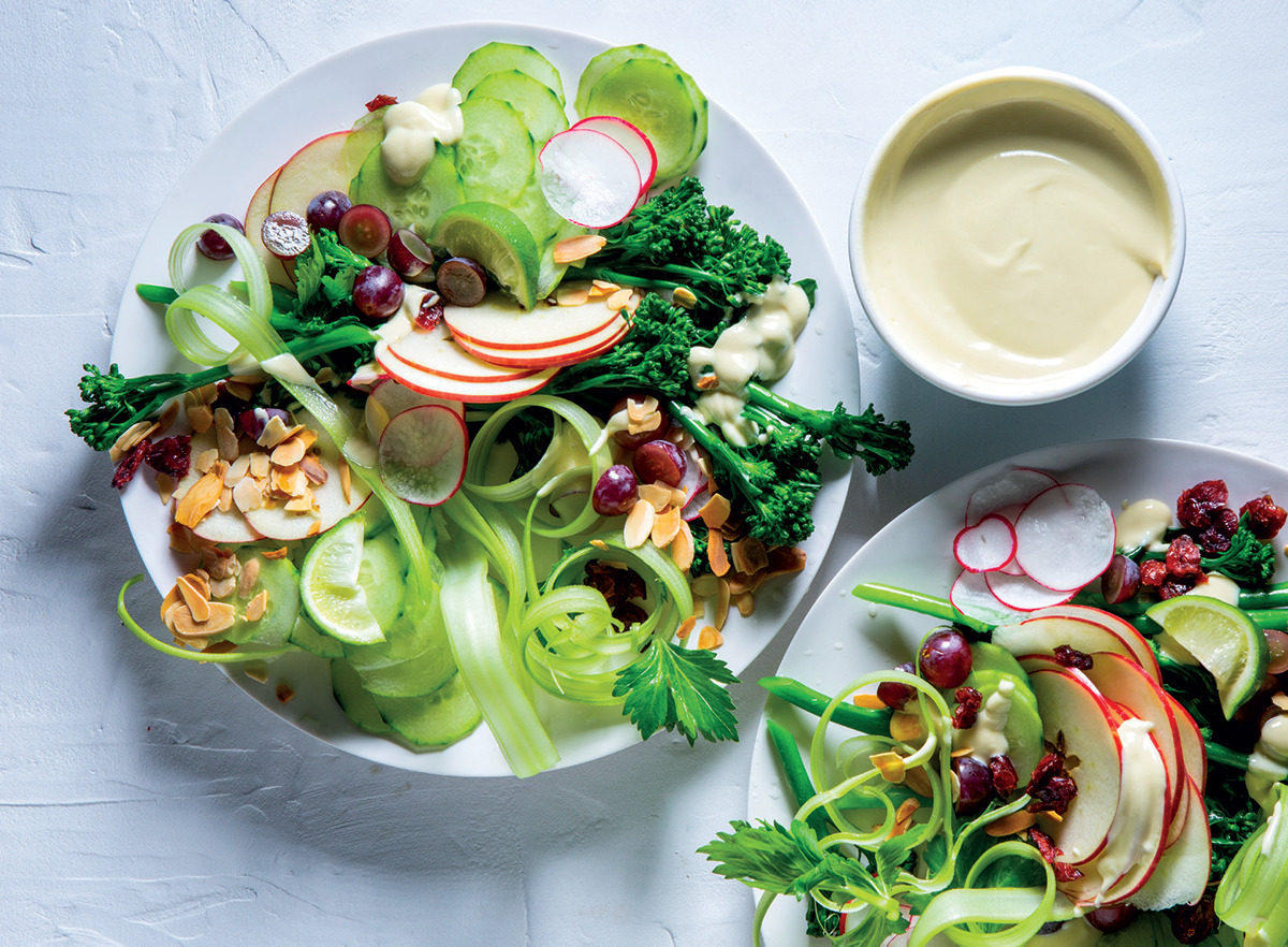 crunchy broccoli salad with creamy tahini dressing