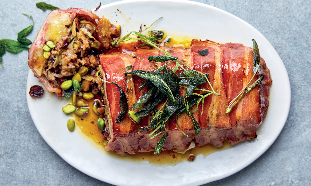 pistachio-and-duck stuffing bacon-wrapped terrine