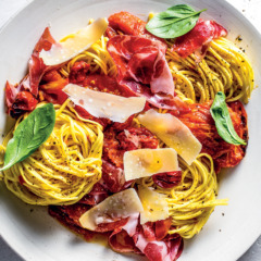 Tomato, garlic and basil confit on pasta