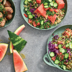 Watermelon, red cabbage and herb tabbouleh with pork meatballs